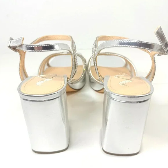 Nina Platform Sandals Women 9.5M Silver Rhinestone Block Heel Dress Shoes - Picture 3 of 9